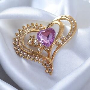 Gold and Purple Heart-Shaped Brooch